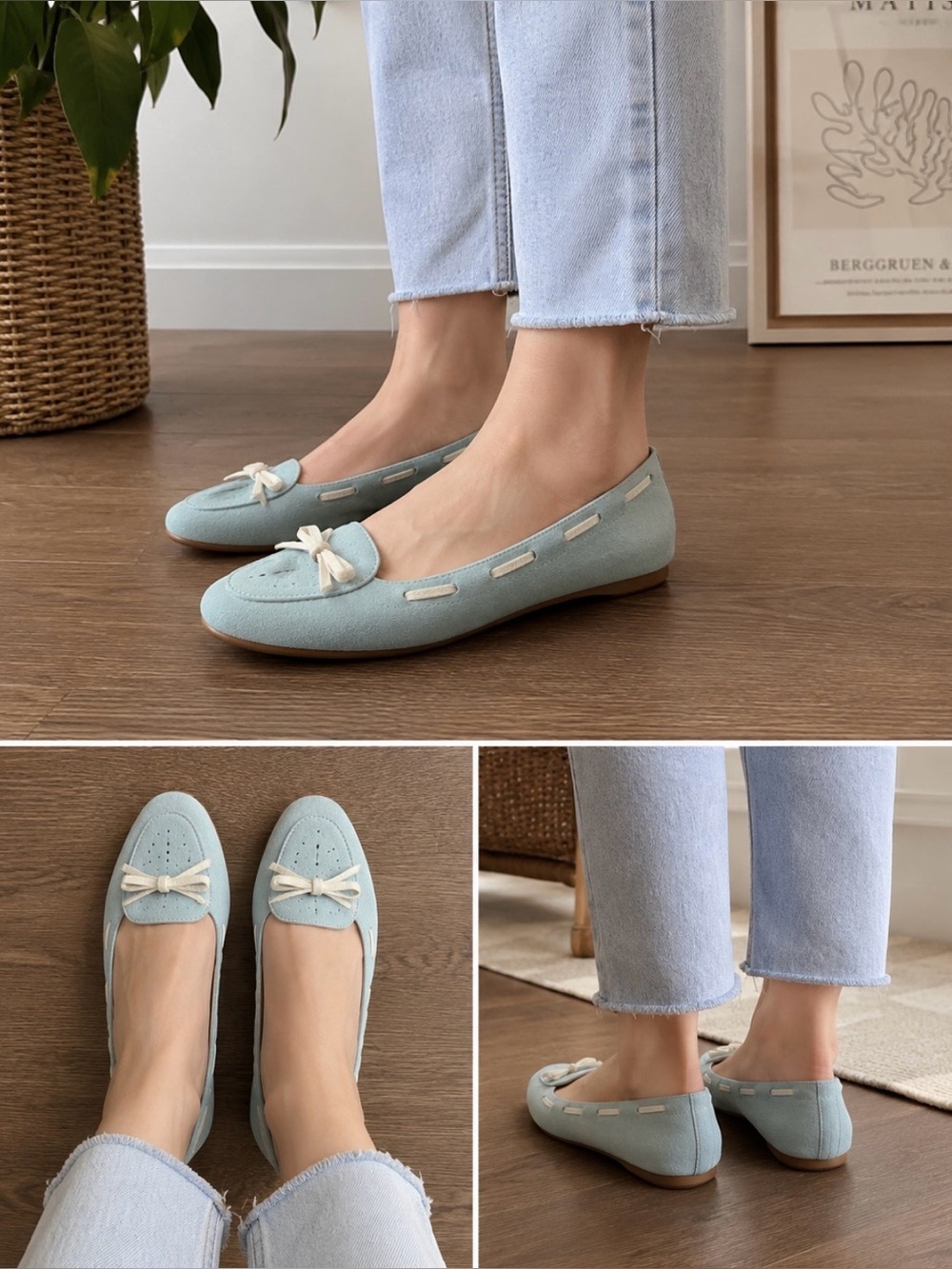Coach Juliana Blue Suede Ballet Flats Bow Loafers Leather Trim US 10M Balletcore